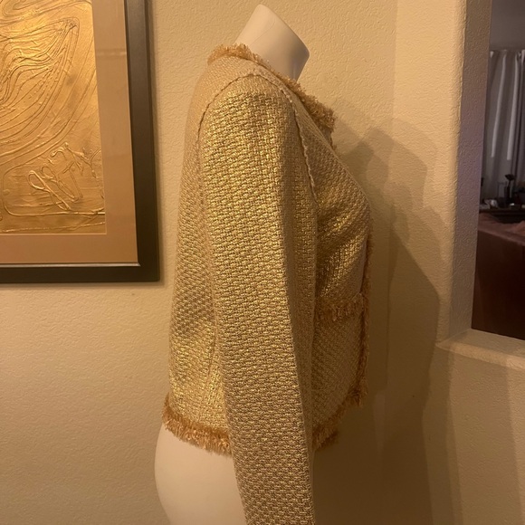 Le Superbe gold tweed blazer snap closures hot pink fringe detail NWOT Size Med - Picture 10 of 13